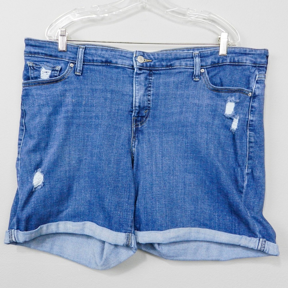 Levi Mid Length Shorts Womens Size 20W Blue Distressed Cuffed Denim Stretch Zip